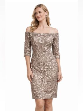 JJ’s House Taupe Lace Appliqué Cocktail Dress Size 12 NWT Special Occasion